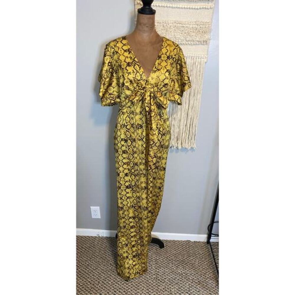 Current Air Anthropologie Snake Print Jumpsuit Yellow Wide Leg Back Zip NWT